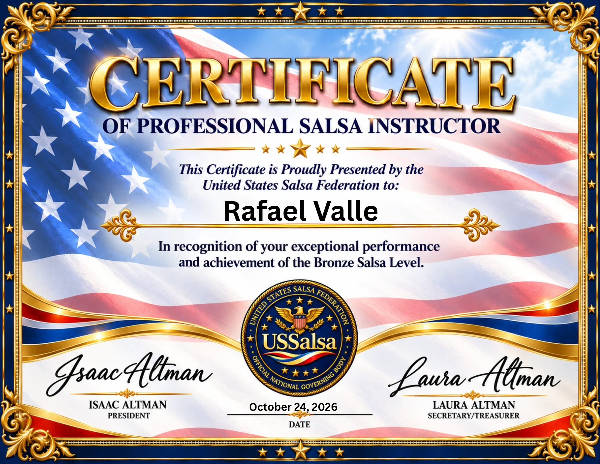 Certificate of Professional Salsa Instructor — United States Salsa Federation, presented to Rafael Valle